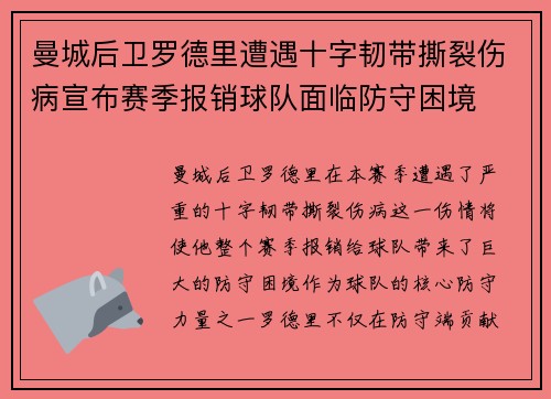 曼城后卫罗德里遭遇十字韧带撕裂伤病宣布赛季报销球队面临防守困境